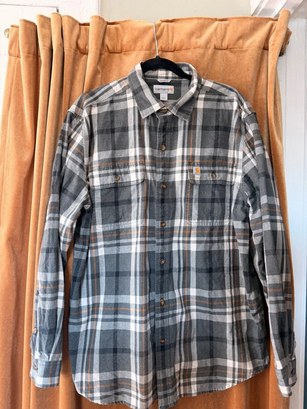 Carhartt Men's Gray and Brown Plaid Button-Down Work Shirt - Picture 1 of 4